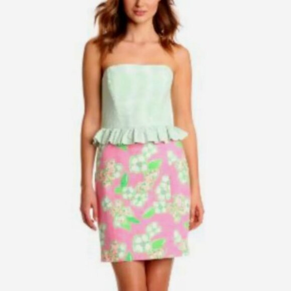 Womens Lilly Pulitzer Lowe Pretty Pink Green Gingham Tootie Strapless Dress sz 2 - Picture 1 of 6